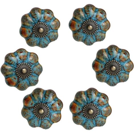 Lot de 6 poignées de porte en céramique émaillée pour armoires, salles de bains, armoires, tiroirs (bleu) (1/4)