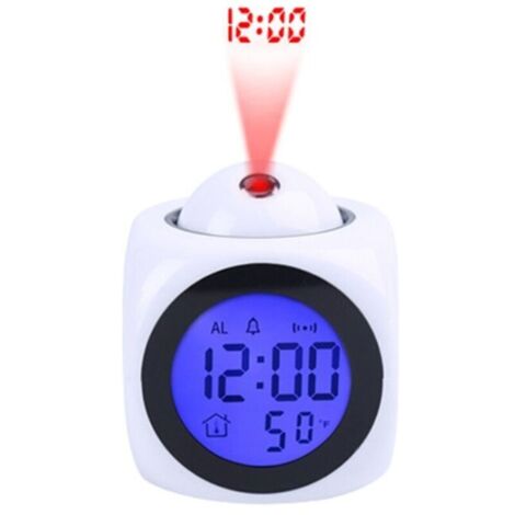 Projecteur d'horloge numérique au Plafond Rétro-éclairage à Piles Affichage LED Horloge de projecteur avec rétro-éclairage Alimenté par Piles Rotation du réveil (Blanc)