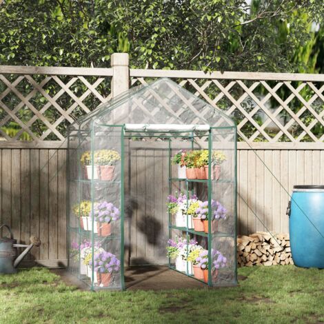 Outsunny Serre de jardin avec étagères 3 niveaux. serre de balcon. bâche renforcée. châssis en acier. porte zippée enroulable. pour légumes plantes fleurs. intérieur et extérieur. 143x143x195cm. vert (1/5)