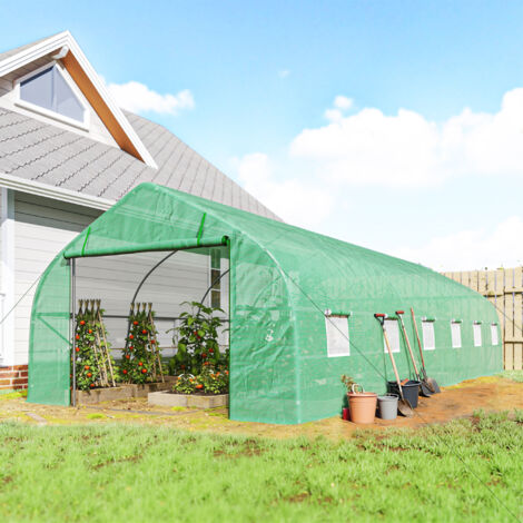 Serre de jardin tunnel grande taille avec bâche PE cadre en acier porte enroulable et 12 fenêtres 8 x 3 x 2 m vert (1/5)