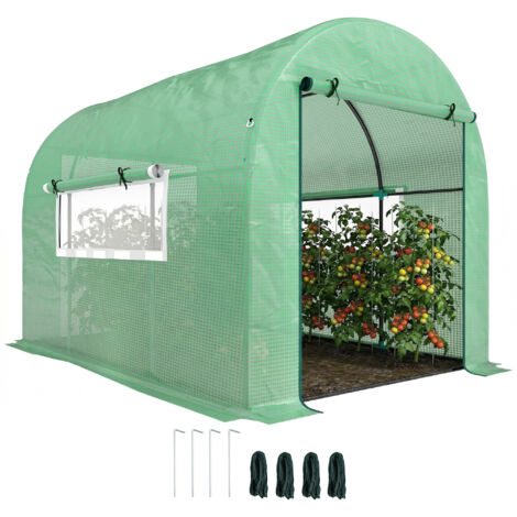 Serre tunnel en acier et polyéthylène résistant aux UV de 3 x 2 x 2 m pour potagers, avec portes et fenêtres enroulables. Verte. (1/5)