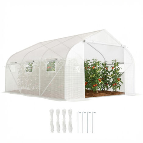 Serre tunnel avec 6 fenêtres et porte enroulable. Serre tunnel en polyéthylène avec tubes métalliques pour plantes et fruits. 4,5 x 3 x 2 m. Blanche.
