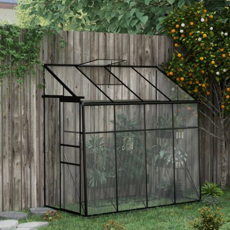 Serre adossée. serre de jardin polycarbonate. avec porte coulissante. évent de toit. fondation. 127 x 253 x 240 cm noir