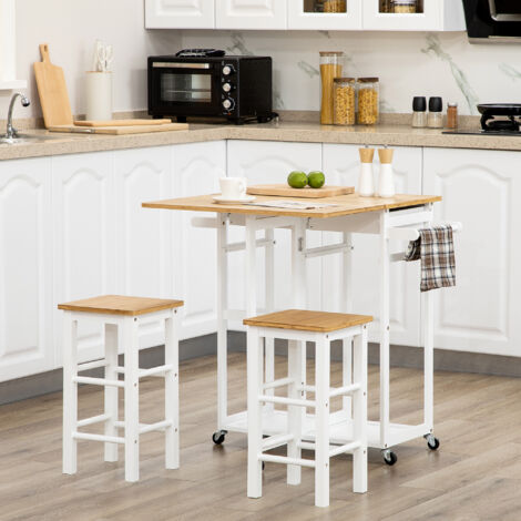 Ensemble table de bar pliable roulettes + 2 tabourets blanc et bois clair - 2 tiroirs et porte-torchons (1/5)