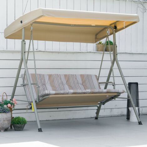 Balancelle de Jardin 3 Places Grand Confort Toit Inclinaison réglable épais Coussins Amovibles Acier marron clair