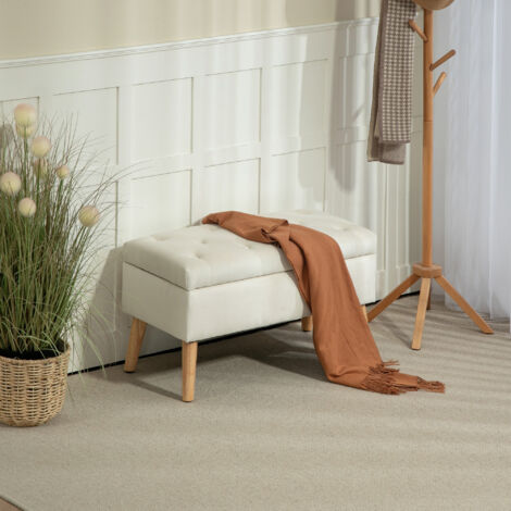 Banc de rangement coffre de rangement tissu effet velours pieds en bois charge max. 120 kg 80 x 35 x 42 cm. crème