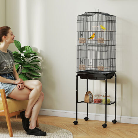 Cage à oiseaux sur pied volière oiseaux sur roulettes toit ouvrant 3 perchoirs étagère inférieure 46.5x36x157cm noir