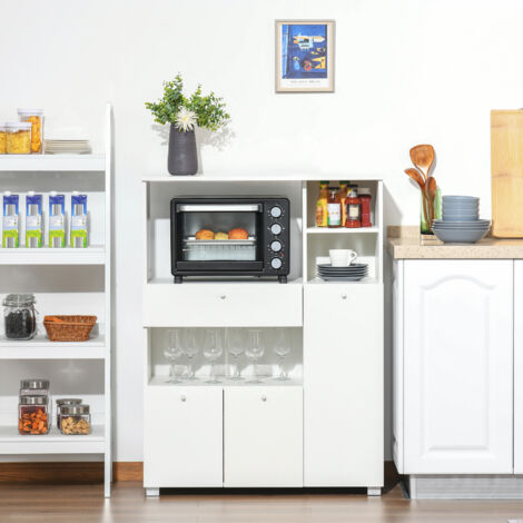 HOMCOM Meuble de micro-onde armoire cuisine meuble de rangement multi-rangements buffet avec 2 placards 4 niches tiroir coulissant dim. 90L x 40l x 120H cm en bois blanc (1/5)