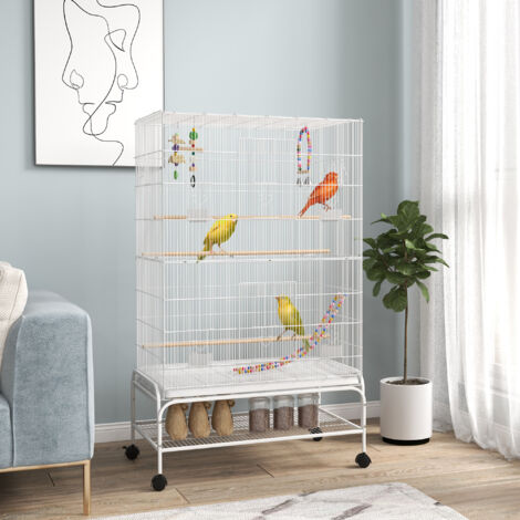 Cage à oiseaux sur pieds roulettes avec 4 mangeoires et 3 perchoirs 79 x 49 x 133 cm blanc (1/5)