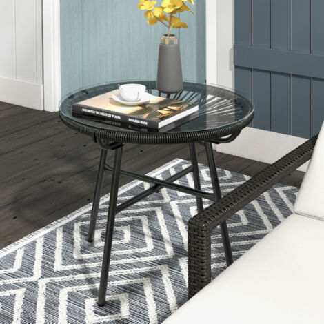 Table basse ronde de jardin en résine aspect rotin métal et plateau verre trempé Ø 50 x 50 cm noir (1/5)