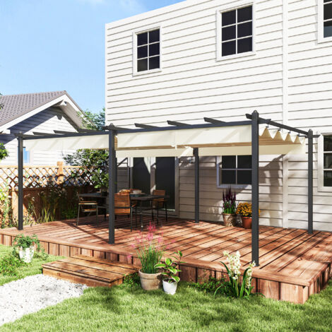 Pergola rétractable 3.5 x 6 m pergola pour terrasse structure en aluminium + toile polyester - beige (1/5)