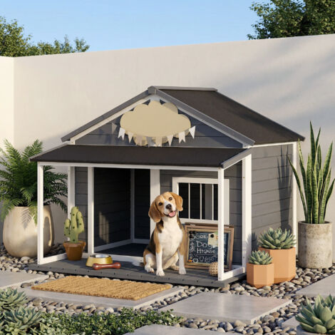 Niche pour Chien Extérieur avec Terrasse et Toit Bitumé Bois 124 x 112 x 105 cm Gris