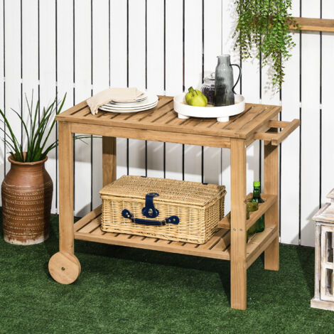 Desserte de jardin chariot pour plancha barbecue en bois avec poignée 2 plateaux et porte-bouteilles 95 x 47 x 74 cm (1/5)