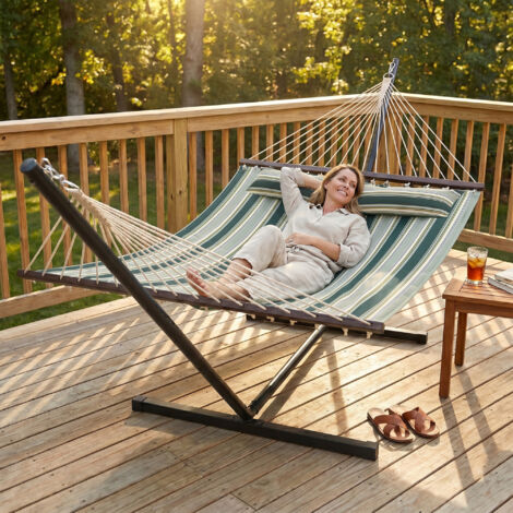 Hamac sur pied 353 cm. hamac avec support acier avec coussin amovible et barres d'écartement. vert