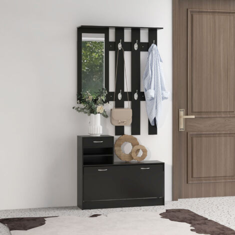 HOMCOM Ensembles 3 en 1 de meuble d'entrée vestiaire avec panneau porte-manteau. miroir et banc à chaussures - 6 crochets et étagère réglable. noir (1/5)