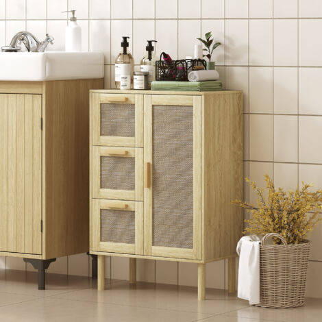 Armoire meuble de rangement style bohème avec 3 tiroirs et 3 étagères. façade rotin tissé. compact. 55 x 30 x 82 cm (1/5)