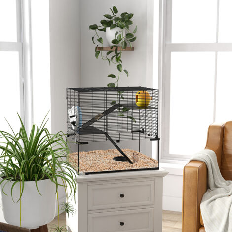 Cage hamster cage rongeur 3 niveaux avec roue rampes maisonnette abreuvoir mangeoire 60L x 40l x 54.5H cm noir (1/5)