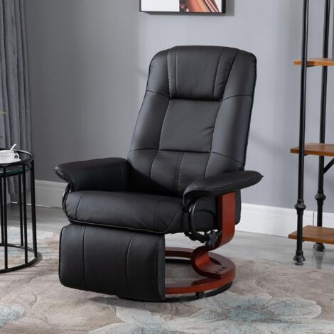 HOMCOM Fauteuil relax inclinable fauteuil de salon repose-pieds réglable pivotant 360° piètement bois revêtement synthétique noir (1/5)