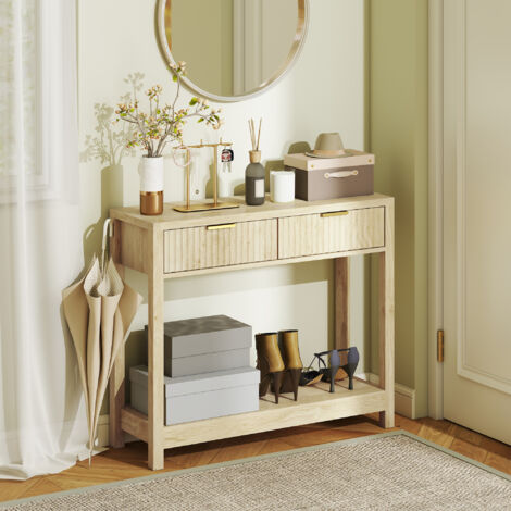 Console meuble 90 cm. table console étroite avec 2 tiroirs rainurés et étagère. style moderne. bois naturel
