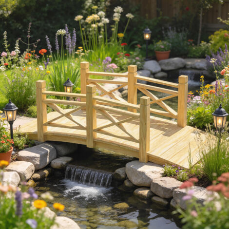 Pont de Jardin en Bois Carbonisé Arqué Main Courante Sécurisée et Charge 200kg 174 x 78 x 57.5 cm Naturel