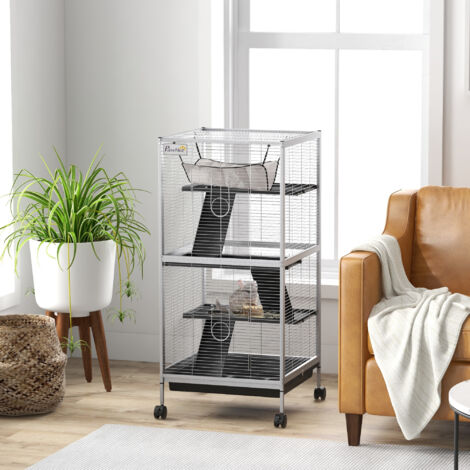 Cage pour Petits Animaux Portable à 4 Niveaux avec Roulettes. 2 Portes. 3 Rampes. Hamac et Plateau Amovible