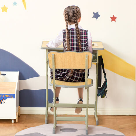 HOMCOM Bureau enfant Vintage style pupitre d'écolier - ensemble bureau et chaise réglable - case de rangement. bracket. range-stylos - acier kaki MDF aspect bois clair (1/5)