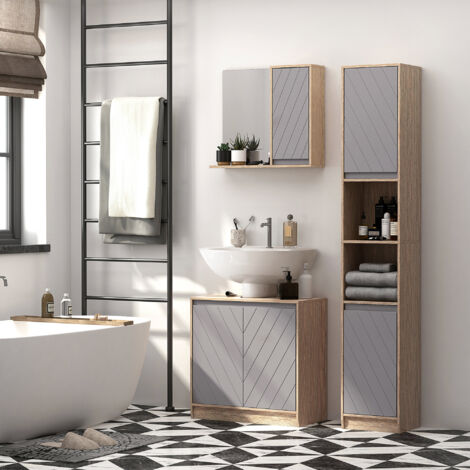 HOMCOM Meuble salle de bain sous Lavabo - meuble sous-vasque - placard 2 portes avec étagère - dim. 60L x 30l x 59.8H cm - panneaux particules chêne clair gris (1/5)
