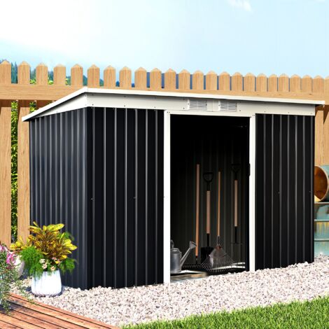 Outsunny Abri de jardin en acier galvanisé XXL 3.6 m² avec kit de fondation 280 x 130 x 172 cm. cabane de jardin cabanon rangement outils avec portes coulissantes verrouillables aérations. noir (1/5)