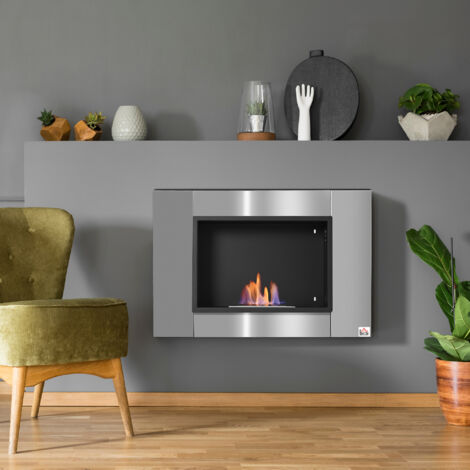 Cheminée bioéthanol Murale encastrable brûleur 0.9 L. environ 3 h de durée de combustion 80L x 14l x 54H cm Couverture 25-30 m² Acier inox (1/5)