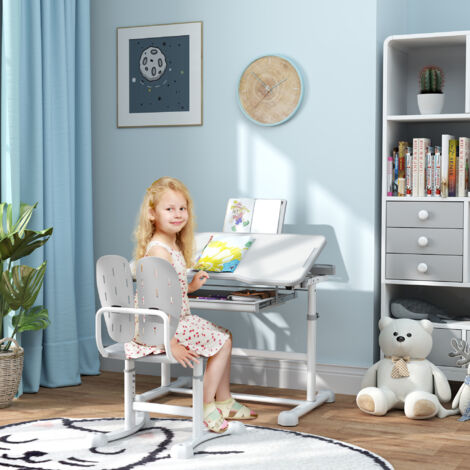 Bureau enfant avec chaise réglable en hauteur. plateau incliné 45°. tiroir et support de livre. gris (1/5)
