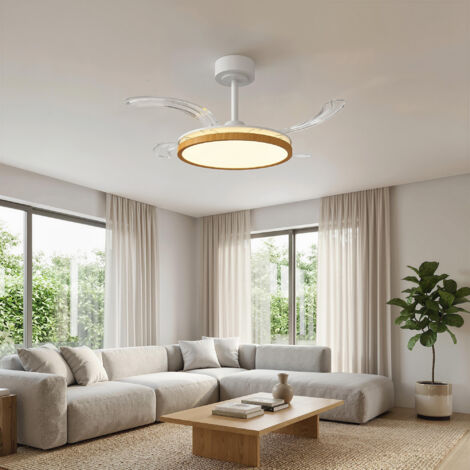 Ventilateur de plafond avec lumière et télécommande. plafonnier ventilateur 95 cm avec pales rétractables. bois naturel (1/5)