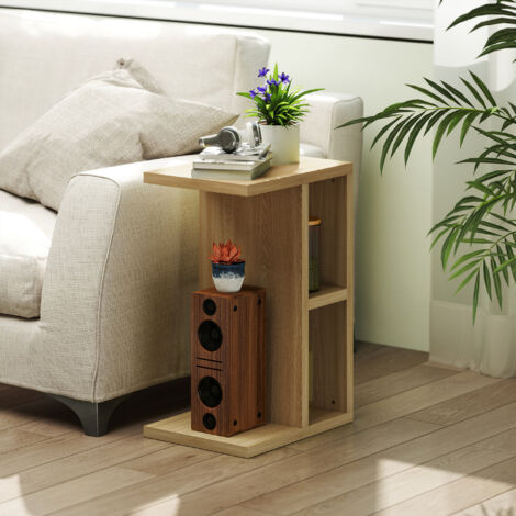 Table d'appoint 3 niveaux en forme de C avec 2 compartiments ouverts. 40 x 29.8 x 60 cm. chêne (1/5)