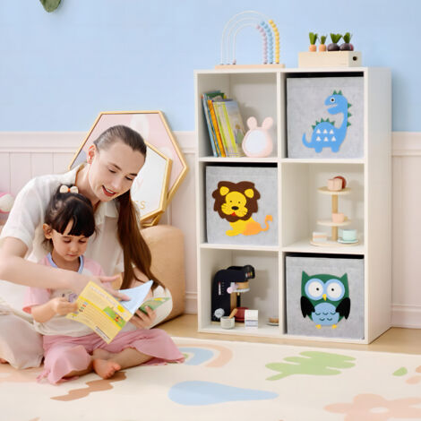 Meuble étagère bibliothèque 6 cases 3 cubes paniers en tissu motif animaux pour chambre enfant 62 x 30 x 91.5 cm blanc (1/5)