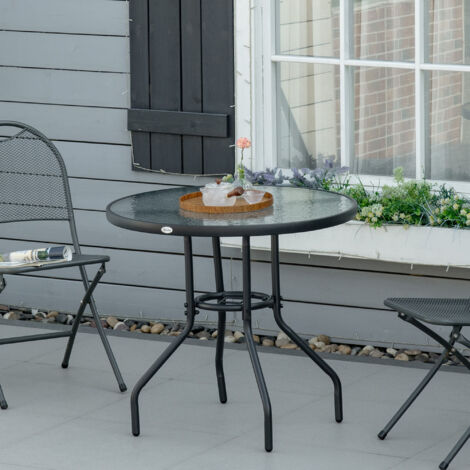 Table à manger de jardin. avec trou de parasol. table extérieure ronde avec plateau en verre trempé. Ø 80 x 72 cm. noir (1/5)