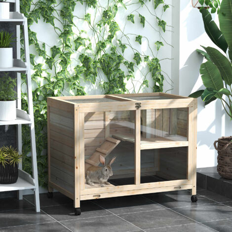 PawHut Cage à lapin clapier sur roulettes petit enclos animaux en bois massif 2 étages toit ouvrant plates-formes 91.5 x 53.3 x 73 cm bois naturel (1/5)