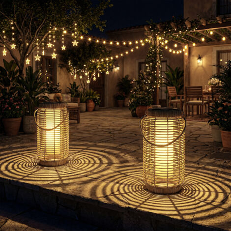 Lot de 2 Lampadaire Extérieur Solaire en Résine Tressée Luminaire LED de Jardin en Acier Marche/Arrêt Automatique Sable
