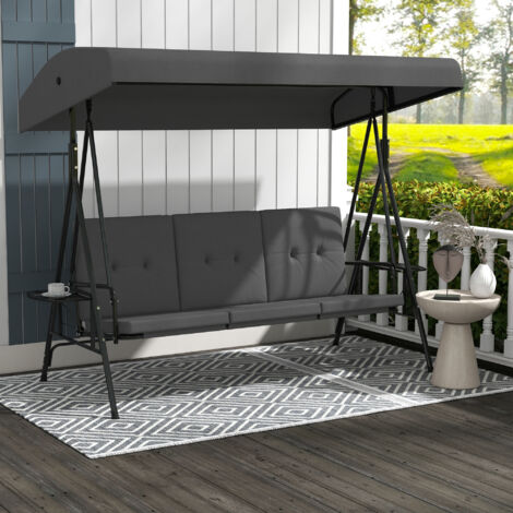 Balancelle de jardin 3 places grand confort inclinaison toit réglable. 2 tablettes latérales. coussins. acier polyester