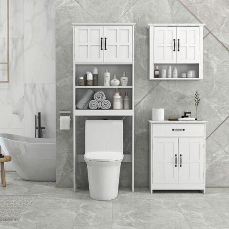 Meuble WC dessus de toilette armoire de rangement de salle de bain avec niches placard à double porte étagère réglable