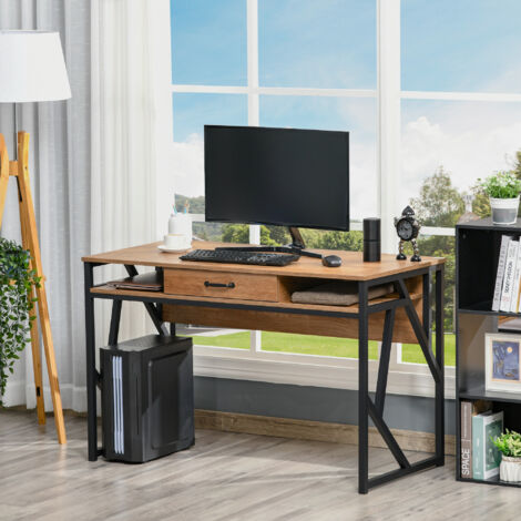 HOMCOM Bureau Style Industriel dim. 120L x 60l x 76H cm tiroir + 2 niches piètement métal Noir Plateau Aspect Bois Noyer (1/5)