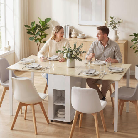 Table à manger pliante pour 6 personnes 39-168 cm. table de cuisine avec 2 tiroirs et 4 étagères ouvertes. blanc