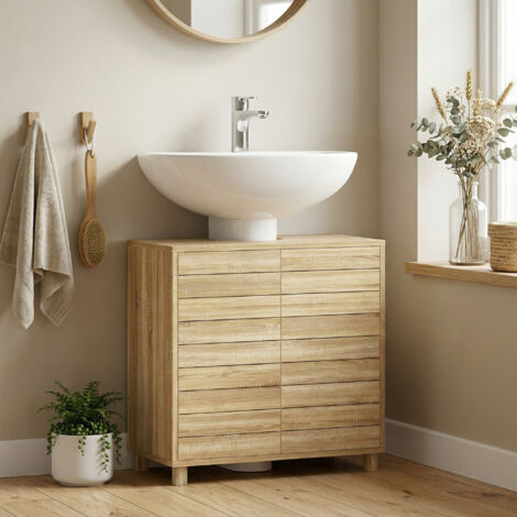 Meuble sous Lavabo. Découpe en Forme U. Portes à Lattes. Étagère Réglable. Ouverture par Pression. 60x30x60cm. Naturel