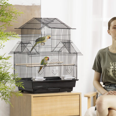 PawHut Cage à oiseaux design maison mangeoires perchoirs 3 portes plateau excrément amovible + poignée transport 50.5 x 41 x 63 cm noir (1/5)