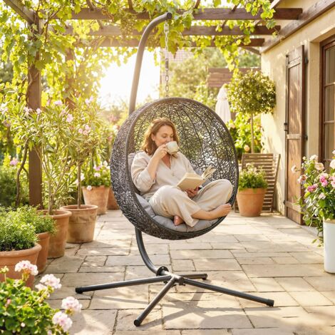 Support de Fauteuil Suspendu. Support Chaise Suspendue. Cadre en C. Charge Max. 150 kg. 128 x 105 x 205 cm. Noir