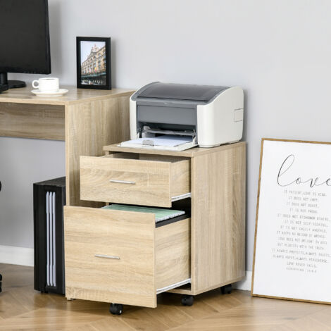 Vinsetto Caisson de bureau caisson de rangement mobile 2 tiroirs 5 roulettes en panneau de particules 39.5 x 39 x 58.5 cm chêne (1/5)