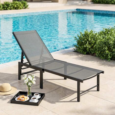 Chaise longue jardin extérieur chaise longue inclinable 5 positions réglables assise en textilène gris (1/5)