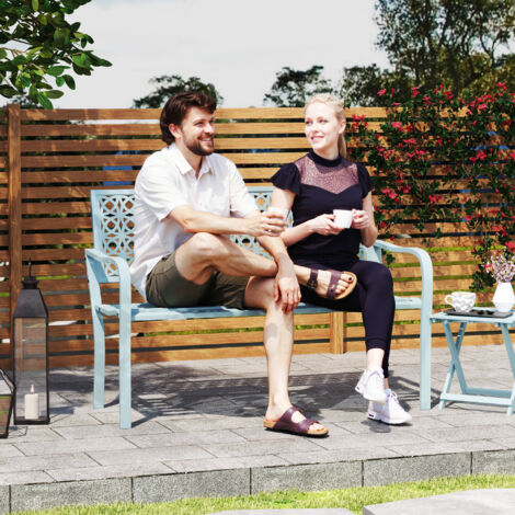 Banc de jardin 2 places. banc extérieur jardin en acier avec dossier ajouré. 127 x 63 x 85 cm. bleu (1/5)