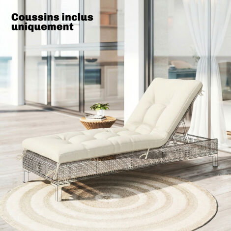 Coussin Bain de Soleil Chaise Longue en Mousse à Mémoire avec Sangles. Protection UV50+. 198x65x13cm. Beige