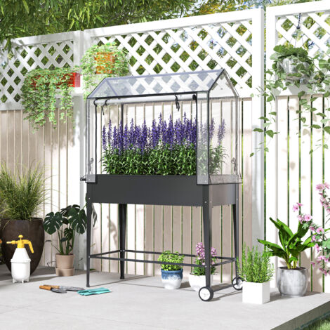 Carré potager sur pieds avec bâche en PVC jardinière surélevée avec roues trou de drainage 100 x 45 x 152 cm noir (1/5)