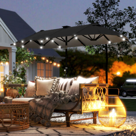 Parasol de jardin double 3 x 1.5 m. parasol de jardin extérieur avec éclairage solaire. manivelle et 2 aérations. gris