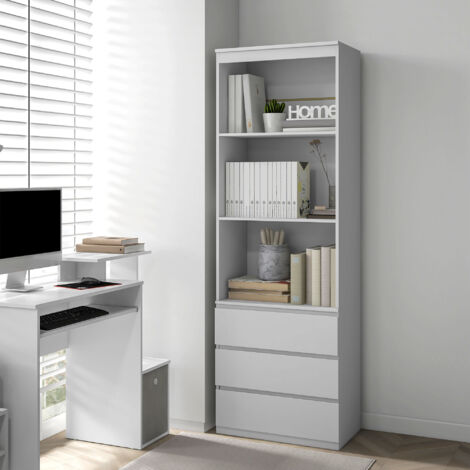 Bibliothèque haute de 180 cm avec 3 étagères et 3 tiroirs 60 x 35 x 180 cm en bois blanc (1/5)